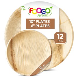 FOOGO Green 24pcs Disposable Palm Leaf Plates, 12x Large Round Plates, 12x Small Side Plates, Like Disposable Bamboo Plates, Strong Paper Plates, Party Wedding Plates, Eco Friendly Biodegradable