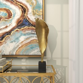 Deco 79 Aluminum Metal Abstract Decorative Sculpture Textured Leaf Home Decor Statue with Black Marble Base, Accent Figurine 8" x 4" x 30", Gold