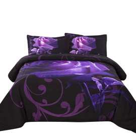 Purple Comforter Set Queen Reversible Purple Rose Pattern Printed Bedding Down Comforter with 2 Pillowcases for All Seasons, Soft Microfiber Filling Bedding Duvet Set 90"x90"