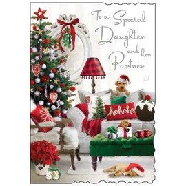 Daughter and Her Partner Christmas Card - Cosy Festive Lounge and Puppies - Artistic Contemporary Dog Design - Special Finishes and Illustrated Insert Leaf - Made in the UK
