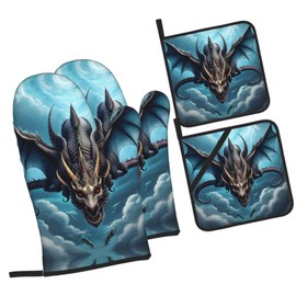 High Temperature Resistant Kitchen Baking 4-Piece Set, Flying Dragon Oven Mitts and Potholders Set, Banquet Party Baking Grilling Cooking