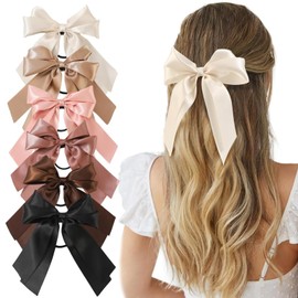 6PCS Bow Hair Ties, Satin Ribbon Hair Bows for Women and Girls, Elastic Scrunchies for Thick and Thin Hair, Brown Hair Accessories for Stylish Hairstyles