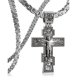 ZENLUNANO Orthodox Cross Necklace for Men and Women, Antique Silver Tone, Christian Jewelry with Exquisite Cross Pendant - 4mm Byzantine Stainless steel Chain