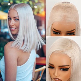 Glueless Full Frontal Platinum Blonde Bob Wig Human Hair Pre Plucked Pre Cut White Blonde Wig Ash Silver Short 13x4 UHD 613 Lace Front Wigs Human Hair for Women Real Hair Daily Party 12Inch 180%