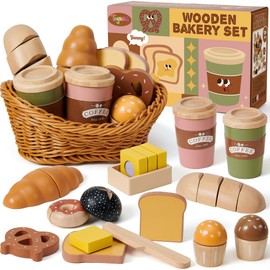 Toyssa Wooden Play Food Sets for Kids Kitchen, Bakery Pretend Play Toy Food for Toddlers 3-5 with Cutting Bread & Basket, Christmas Kitchen Accessories Birthday Gifts for Girls Boys 3 4 5 6 Years Old