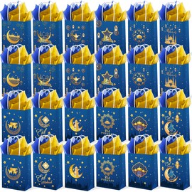 ORNACELE 24PCS Eid Mubarak Gift Bags with Blue Gold Tissue Paper, Ramadan Mubarak Candy Bags Paper Sweetie Treat Bag Bags for Eid Event, Muslim Birthday Party Favor Supplies