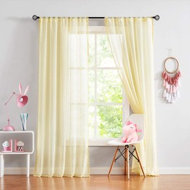 Yellow Sheer Curtains for Living Room 95" Linen Texture Pom Pom Trimmed Voile Drapes for Children's Room 2 Panels