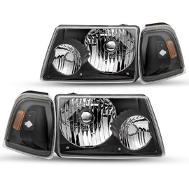 SOCKIR Headlight Set for 01-11 Ford Ranger Passenger and Driver Side with Corner Light 4PCS (Black Housing with Amber Reflector)