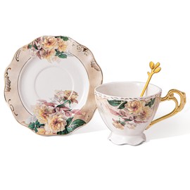 fanquare Antique Yellow Porcelain Tea Cup and Saucer Set, Petestal Coffee Cup with Saucer, Spoon, 7oz Floral Cup with Gold Handle for Breakfast
