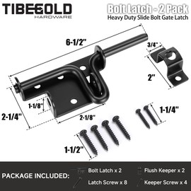 TIBEGOLD Slide Bolt Gate Latch with Padlock Hole, Heavy Duty Fence Sliding Bolt Gate Latch for Wooden Fence, Slide Latches Outdoor Doors for Wood Vinyl Fence Barn Shed, Black, 2 Pack