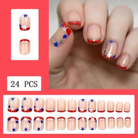 Independence Day Glitter French Tips Press on Nails Short Square Silver Glitter Stars 4th of July Red French Reusable Patriotic Fake Nails for Women Girls Manicure Decorations 24Pcs