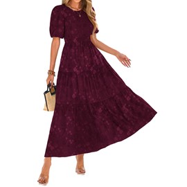 KIRUNDO Womens Summer Dresses Wedding Guest Floral Midi Sundress Short Puff Sleeve Flowy A Line Smocked Tiered Boho Dress(Wine Red, Medium)