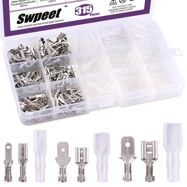 Swpeet 315pcs 2.8/4.8/6.3mm Male Socket Spade Connector Wire Terminal Block