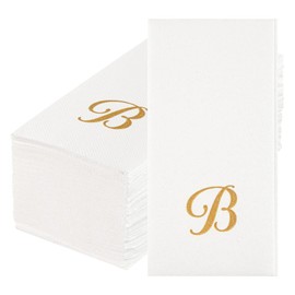 Luxenap 15.8 X 7.9 Inch Linen-Feel Guest Towels, 50 Lettered Hand Towels - Gold Letter 'B', Cursive Font, White Paper Dinner Napkins, airlaid, For Restrooms And Tables - Restaurantware