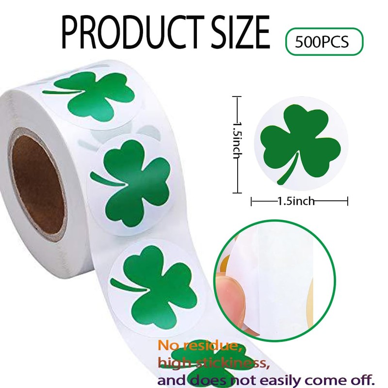 500Pcs St. Patrick's Day Stickers Green Shamrock Clover Stickers Roll