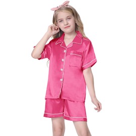 Pajamas Set for Girls Silk Button Down Pjs Satin Short Sleeve Sleepwear 2 Piece Lounge Sets, Hot Pink, 11-12 Years