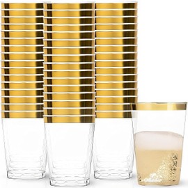 Blue Sky 8oz Elegant Gold Rim Tumblers (50 Count) - Premium Clear Plastic Disposable Cups for Parties, Weddings & Events