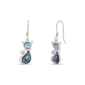 AFFY 14k White Gold Plated 925 Sterling Silver Natural Abalone Cat with Bow Dangle Earrings for Womens Jewelry Gift with fishhook