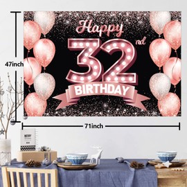 Happy 32nd Birthday Rose Gold Banner Backdrop Cheers to 32 Years Old Confetti Balloons Theme Decor Decorations for Women 32 Years Old Pink Birthday Party Bday Supplies Background Favors Gift Glitter