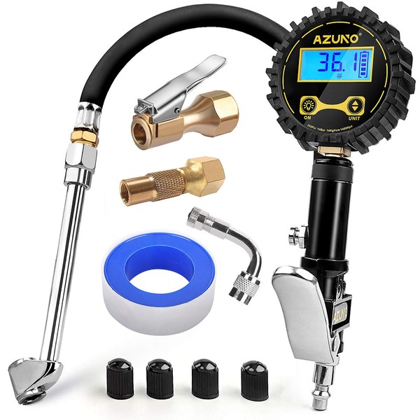 AZUNO Digital Tire Inflator with Pressure Gauge, 200 PSI (0.1 Res) w/LED Flashlight, Heavy Duty Air Compressor Accessories 7pcs Set, w/Lock on Air Dual Head Chuck and 90° Tire Valve