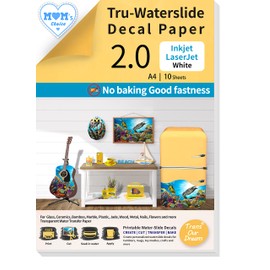 TransOurDream Tru-Inkjet Waterslide Decal Paper White 2.0 10 Sheets A4 Printable Water Slide Transfer Paper for Inkjet Printer, Water Slide Decals for Mugs, Tumblers, Candles，DIY Glasses (019-10)