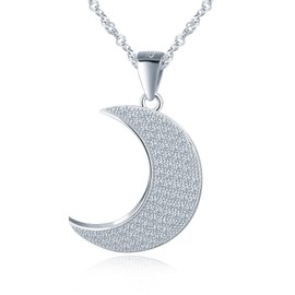 MICGIGI Women's 925 Sterling Silver Necklace Moon Shape Cubic Zirconia Pendant Necklace Silver, Silver