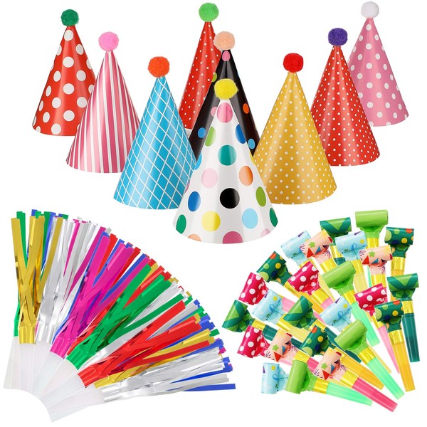59 Pieces Party Cone Hats with Colorful Party Blowers and Metallic Fringed Noise Makers Birthday Blowouts Horns Whistles Musical Noisemaker