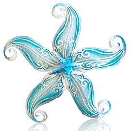 POXOHO Metal Starfish Wall Decor, Sea Life Coastal Decorations 12 inch Starfish Wall Art, Nautical Home Decoration Handing Ocean Beach Wall Art for Garden,Fence,Home,Patio,Kitchen,Bathroom,(Sky Blue)