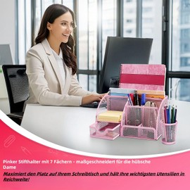 Pink Desk Organiser, Mesh Metal Office Organiser with Drawer and Pen Holder for Pens, Stapler, Space Saving Pen Organiser to Keep Your Work Area Tidy and Organised