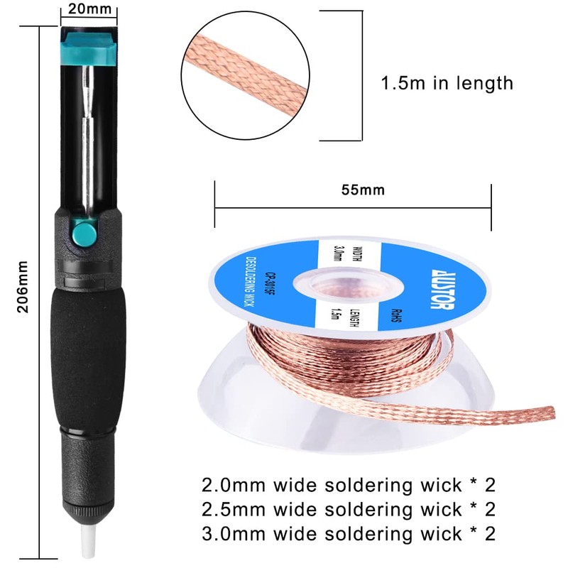 AUSTOR Desoldering Sucker and 6 Pcs Solder Braid Wick (2.0mm/2.5mm/3.0mm