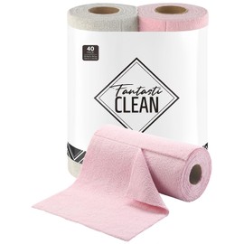 Fantasticlean Tear-Away Dish Cloth - 40 Sheets - 10'' by 10'', Reusable Washable Kitchen Towel Rolls, Super Absorbent and Thick Microfiber Cleaning Cloths (2 Rolls of Pink and Grayish)