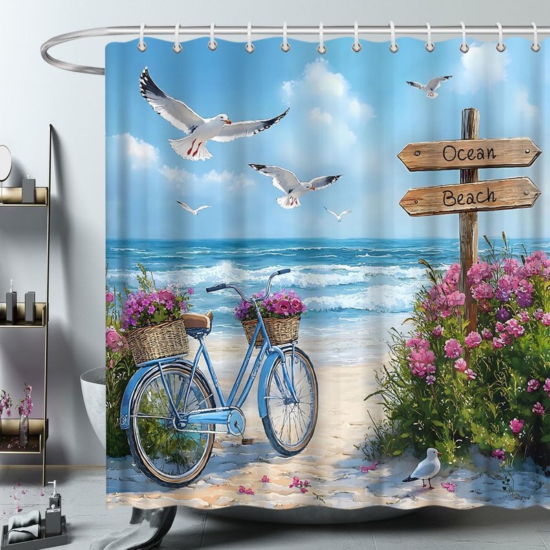 ZFMRZF Beach Bicycle Seagull Shower Curtain 70x70 Inch