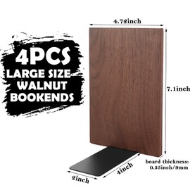 Acrux7 4 Pack Walnut Wood Book Ends Heavy Wooden Bookends, Large Sturdy Decorative Wood Bookends for Shelves Heavy Books (2 Pair)