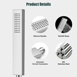 Heyalan SUS304 Stainless Steel Handheld Shower Wand High Pressure Luxury Shower Set High Flow Rectangle Hand Shower Spray with Wall Connector Holder and hose, Straight Style Polish Chrome