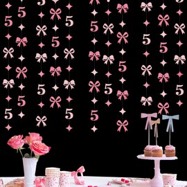 Glitter Pink 5th Bow Birthday Decorations Hot Pink Conquette Bow Garland Streamer Banner Backdrop for Girls Happy 5th Birthday Awesome Since 2021 Cheers to 5 Years Old Anniversary Party Supplies