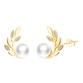 CONILOK Olive Branches Heart Pearl Earrings Silver 925 Stud Earrings Women's Jewellery Earring Small Gifts for Women Girls Best Friend Mother Birthday Christmas Day Valentine's Day, Silver, Pearl