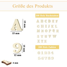 NISENTIA 408 Stück Holzbuchstaben und Holzzahlen zum Basteln, Kleine 208 Holz Buchstaben (A-Z) 200 Holz Zahlen (0-9) 15mm Holzbuchstaben Klein für Dekoration Frühes Lernen DIY Bastelprojekte