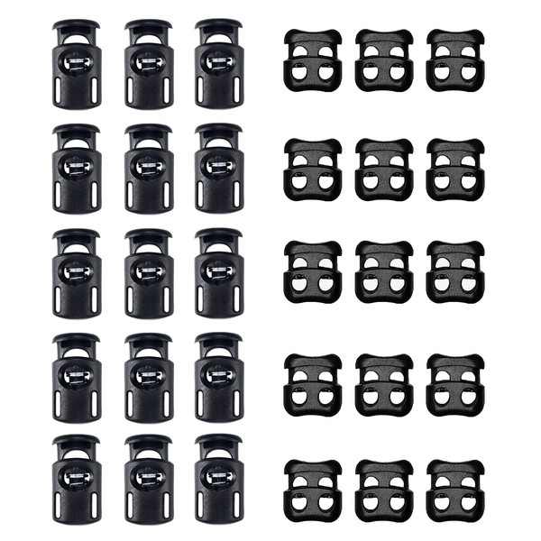 BTtime Plastic Cord Lock Kit 30 Pieces Set Shoelaces Cord Lock 8mm Hole Song Hole Barrel Shape 15 Pieces 4mm Outdoors Durable Lightweight Spring Cord Stopper Repair DIY Black