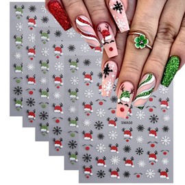 6 Sheets Christmas Nail Stickers for Nail Art, Christmas Glitter Santa Hat Nail Decals Cute 3D Self-Adhesive Red Green Elk Snowflake Santa Hat Xmas Nail Art Supplies Stickers for DIY Winter Nail Decor