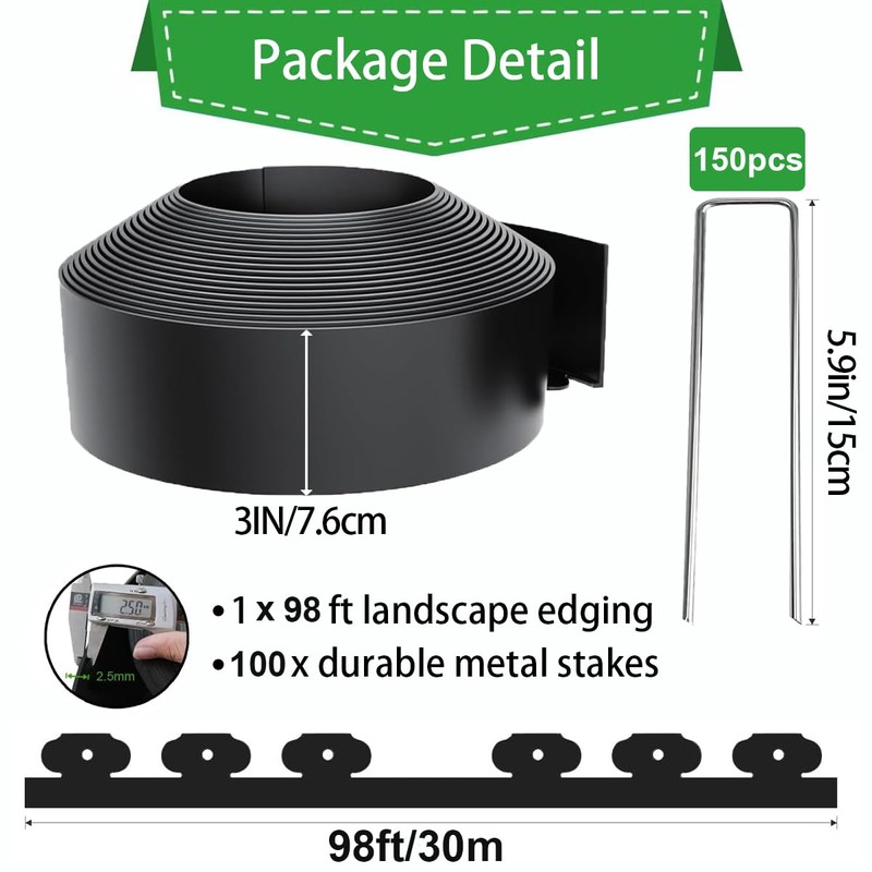 98Ft 3IN Landscape Edging,Garden Edging Border Kit with 150pcs Metal