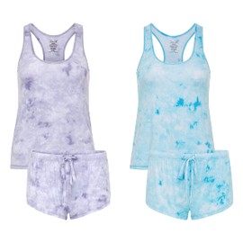 René Rofé Sleepwear Women's 2 Pack Rayon Spandex Racerback Short Set (Blue Tie Dye, s)