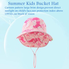 PESAAT Summer Toddler Girl Neck Protection Hat Wide Brim Kids Boys Bucket Hats UPF50+ Mesh Beach Cap 3-8 Years (Pink Horse)