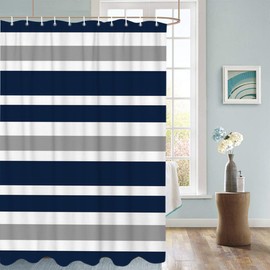 Striped Shower Curtain Navy Blue and Gray, Blue and White Striped Shower Curtain with Hooks for Bathroom Waterproof Bath Curtains for Home Hotel, 60" W x 72" L