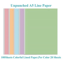 Unpunched Line Paper 5 Colorful - 100 Sheets/200 Pages Ruled Filler Paper, Per Color 20 Sheets, 5.8" x 8.5"