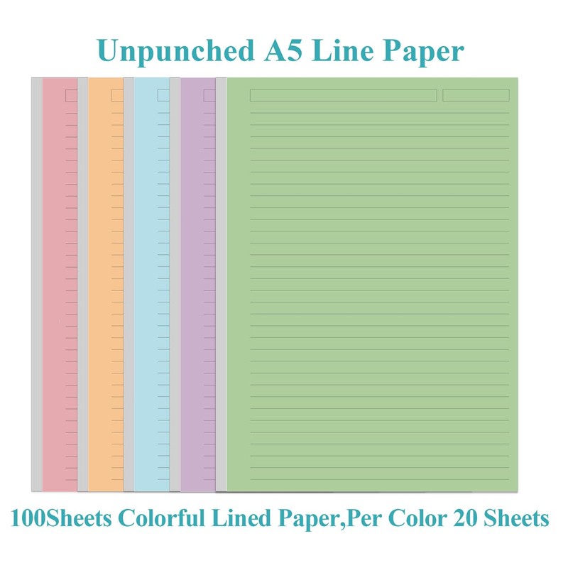 Unpunched Line Paper 5 Colorful - 100 Sheets/200 Pages Ruled