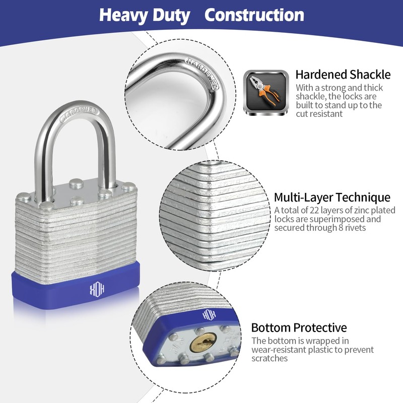 HOX Locks 6-Pack Keyed-Alike Padlocks w/ 1.2” Shackle, 1-9/16” Wide