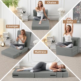 FILUXE Convertible Folding Sofa Bed-Sleeper Chair with Pillow, Modern Linen Fabric Floor & Futon Couch, Foldable Mattress for Living Room/Dorm/Guest Use/Home Office/Apartment, Single Size, Light Gray