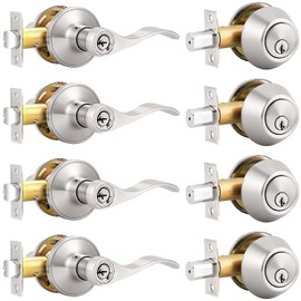 Probrico Front Door Handle Lever 4 Sets-Wave Style Entry Door Handle Set with Double Cylinder Deadbolt in Satin Nickel Finish,Keyed Alike Combo Pack, Entry Door Lever, Keyed Lockset Handleset
