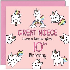 10th Great Niece Birthday Card - Funny Cat Cute Great Niece's Birthday Card for 10 Year old Kids ten, tenth