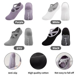 Coztie Yoga Socks, 4 Pairs Yoga Socks for Women with Grips, Non-Slip Yoga Socks, Yoga Socks for Women Non-Slip Grips & Straps for Pilates Ballet Dance Workout Fitness Black White Grey Purple